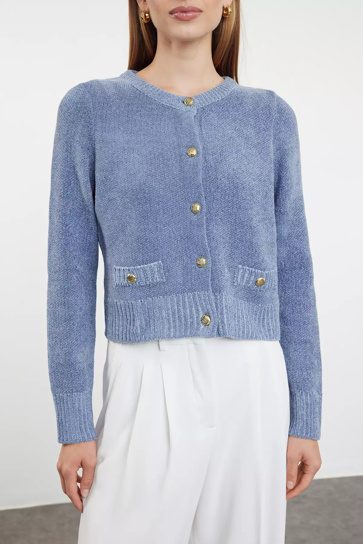 Blue Crop Premium Yarn/Special Yarn Pocket Detailed Jacket-Look Knitwear Cardigan TWOAW24HI00051