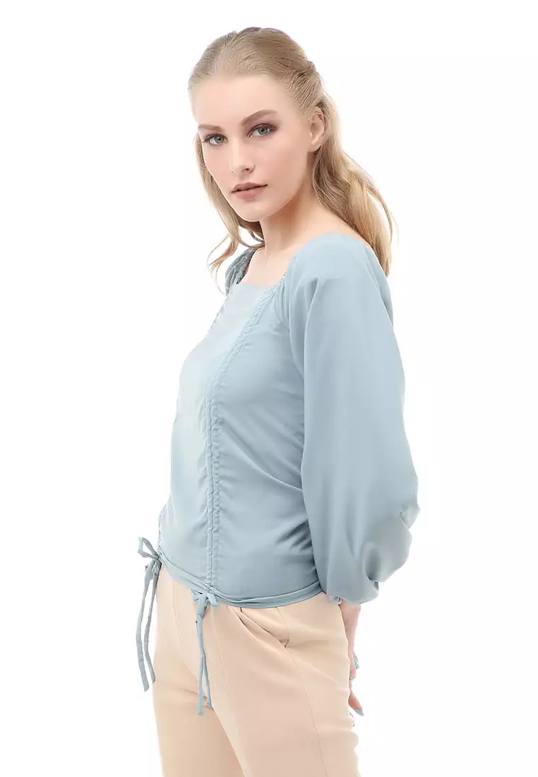 Cheva Blouse Atasan Wanita Sabrina Tali Lengan Panjang Casual Top Long Sleeve Comfortable Material Wolfis ORIGINAL - Mint