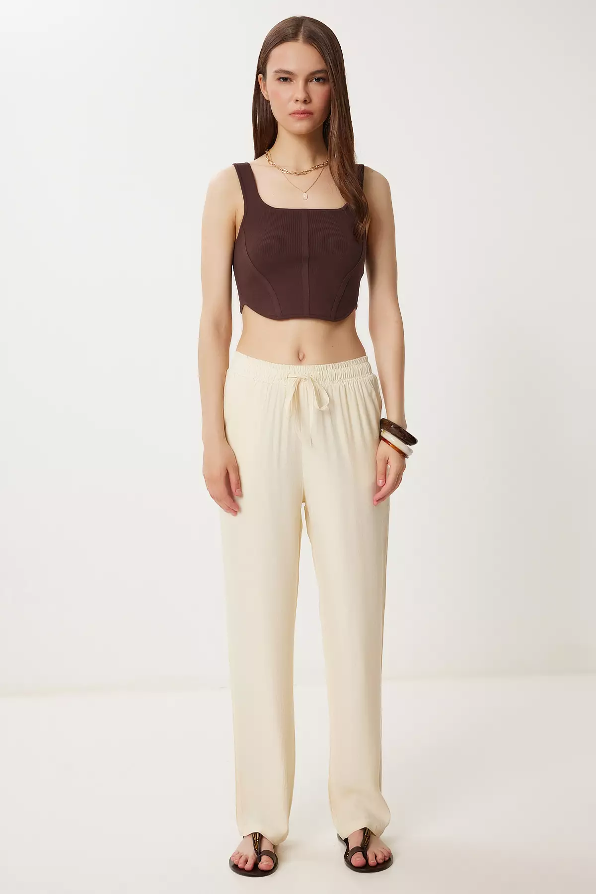 Women's Cream Patterned Summer Viscose Trousers Wf00110