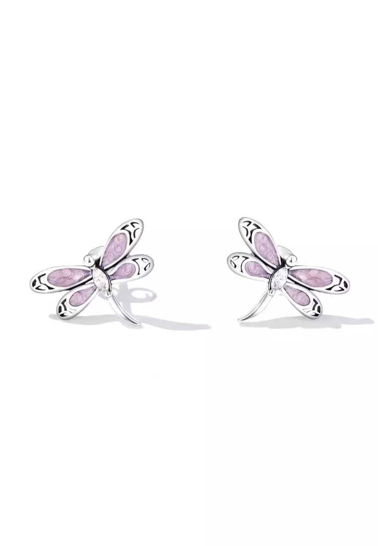 Solid 925 Sterling Silver Purple Duo Vintage Dragonfly Stud Earrings