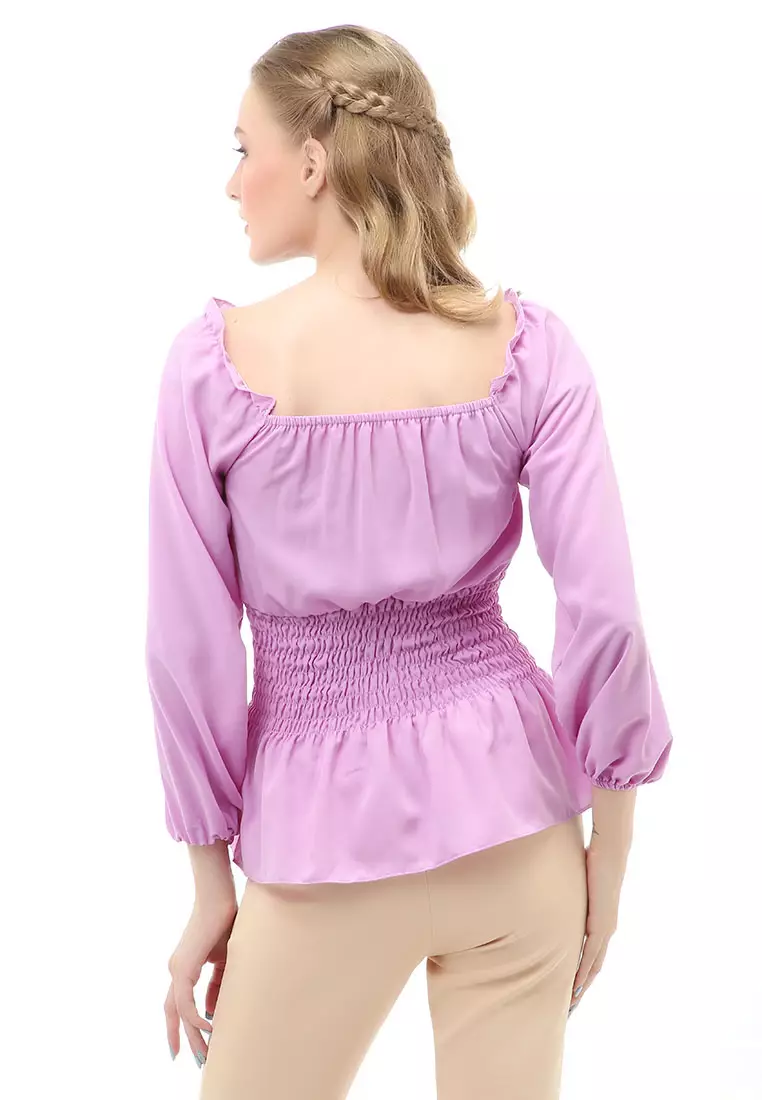 Cheva Blouse Atasan Wanita Sabrina Karet Pinggang Lengan Panjang Casual Shirt Long Sleeve Material Wolfis ORIGINAL - Purple