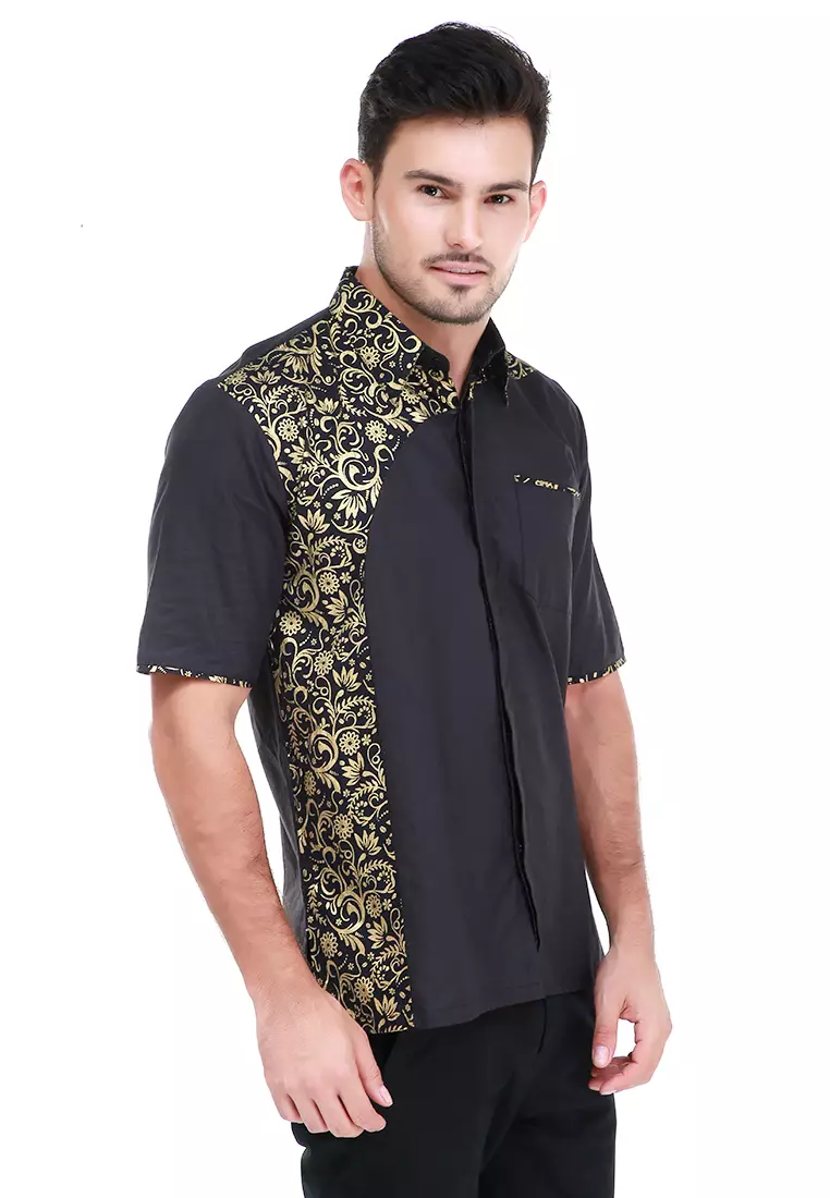 Dwan Kemeja Batik Pria Right Side Atasan Formal Shortsleeve Shirt Material Cotton ORIGINAL - Black