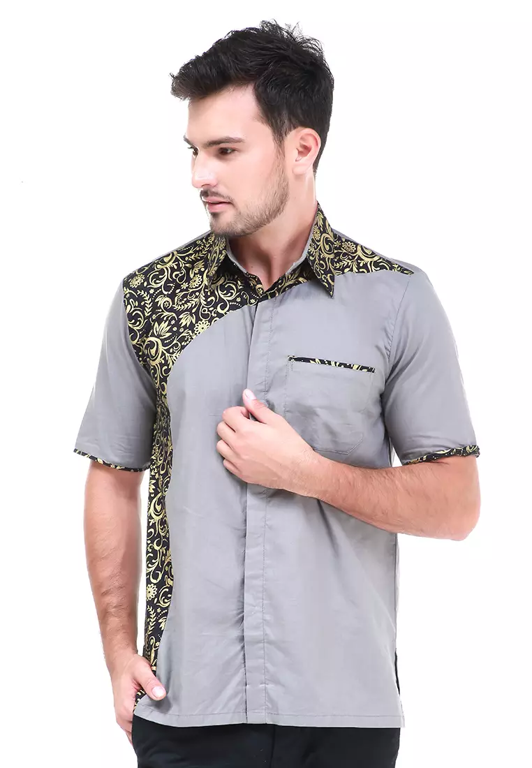 Dwan Kemeja Batik Pria Right Side Atasan Formal Shortsleeve Shirt Material Cotton ORIGINAL - Grey