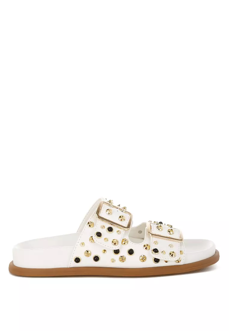 Discount on London Rag  shoes - SKU: Metallic Stud Embellished Sliders In Black