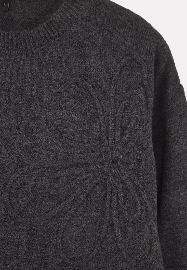 Anthracite Soft Textured Flower Pattern Embroidered Knitwear Sweater