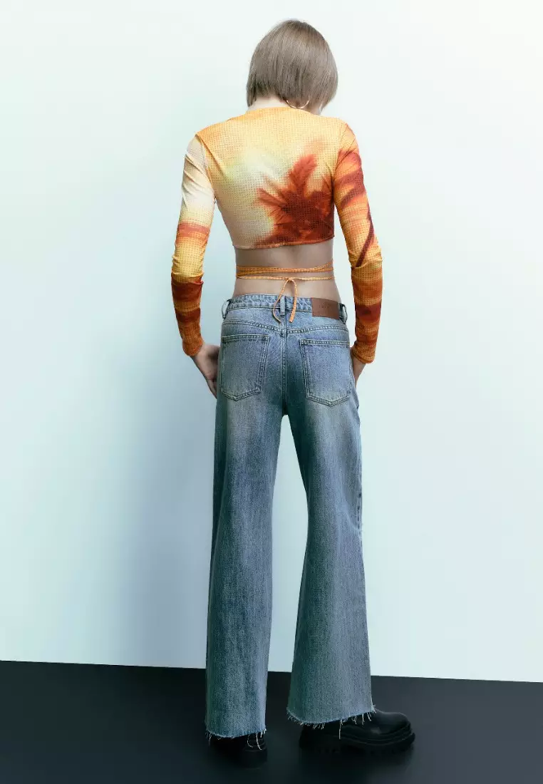 女装时髦欧美绑带辣妹印花短款开襟衬衫