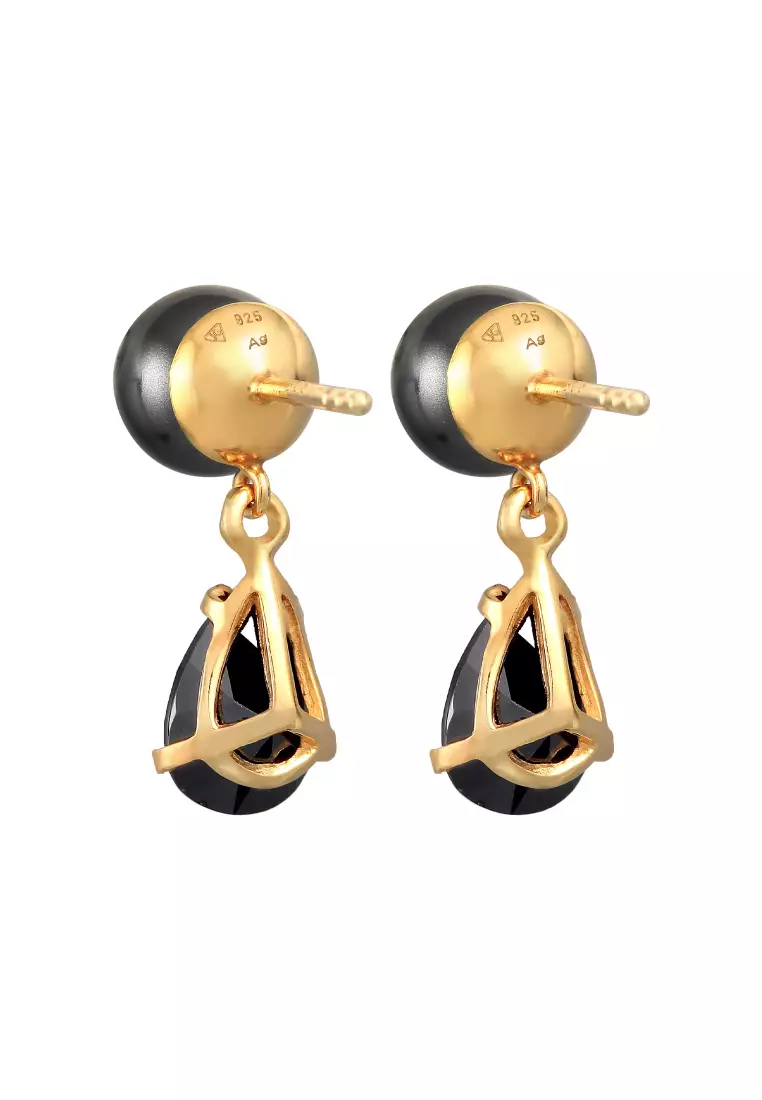 Anting Perhiasan Perak 925 Wanita Ear Studs Drop Synth. Pearl And Zirconia Gold Plated Embellished with Crystal by Swarovski®