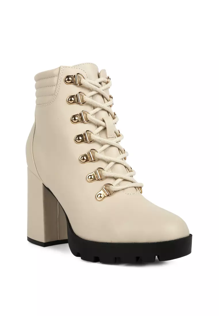 Beige Lace Up Block Heel Boots