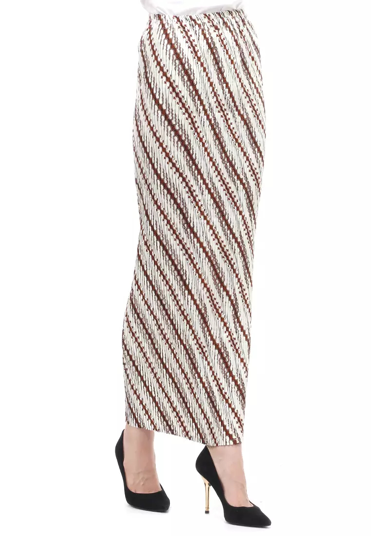 Rok Plisket Motif Batik Bawahan Wanita Design Casual - Parang Putih Coklat