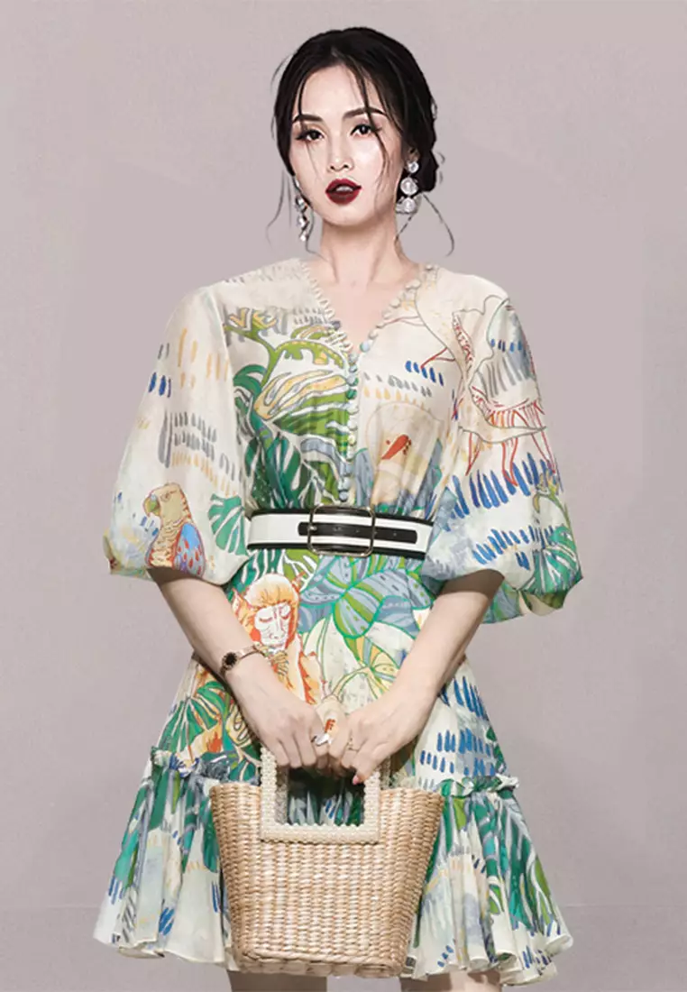 2025夏季新款氣質復古燈籠袖印花連衣裙CA061377