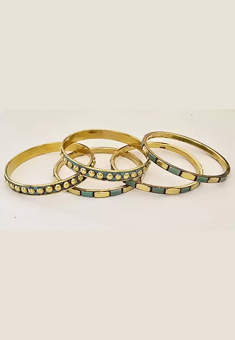 Aksesoris Wanita 5  in 1 Turquoise Inlay  Bangle Gelang Wanita Turqouise & Gold