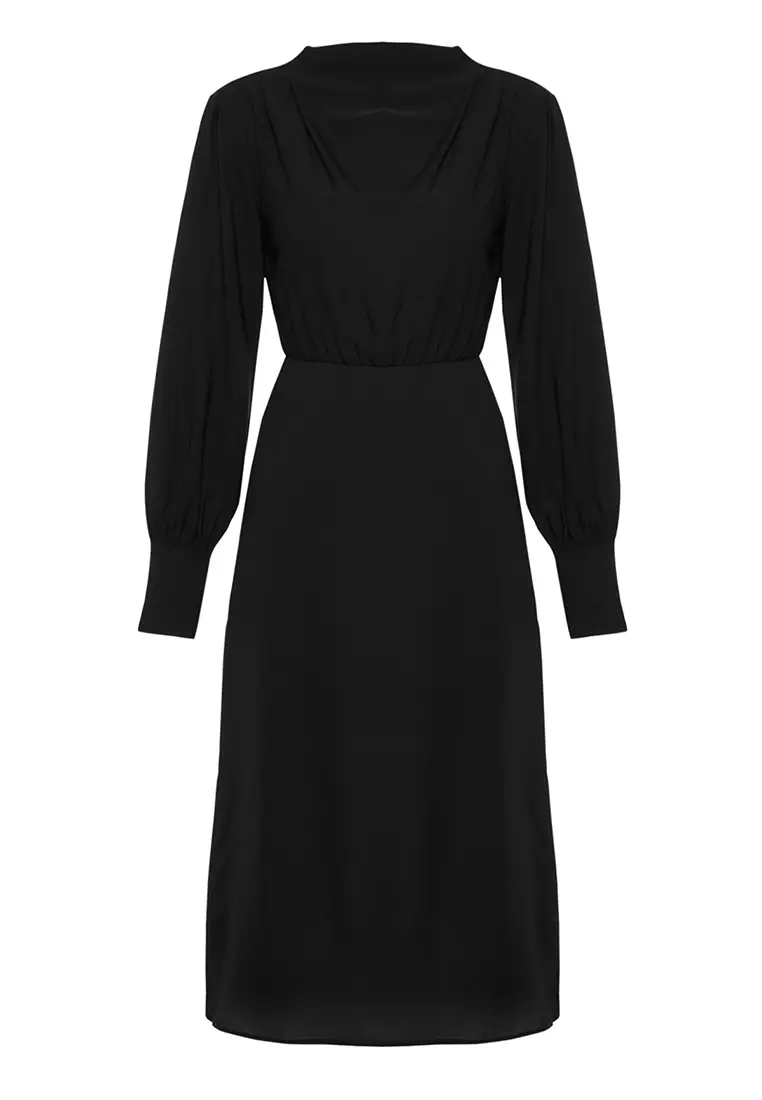Black Midi Slit Woven Dress