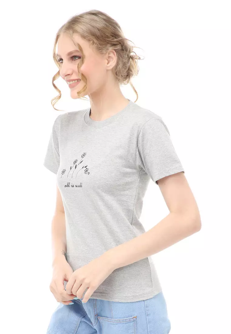 Genevie T-Shirt Kaos Kasual Wanita All Is Well Short Sleeve Material Cotton Combed ORIGINAL - Light Misty