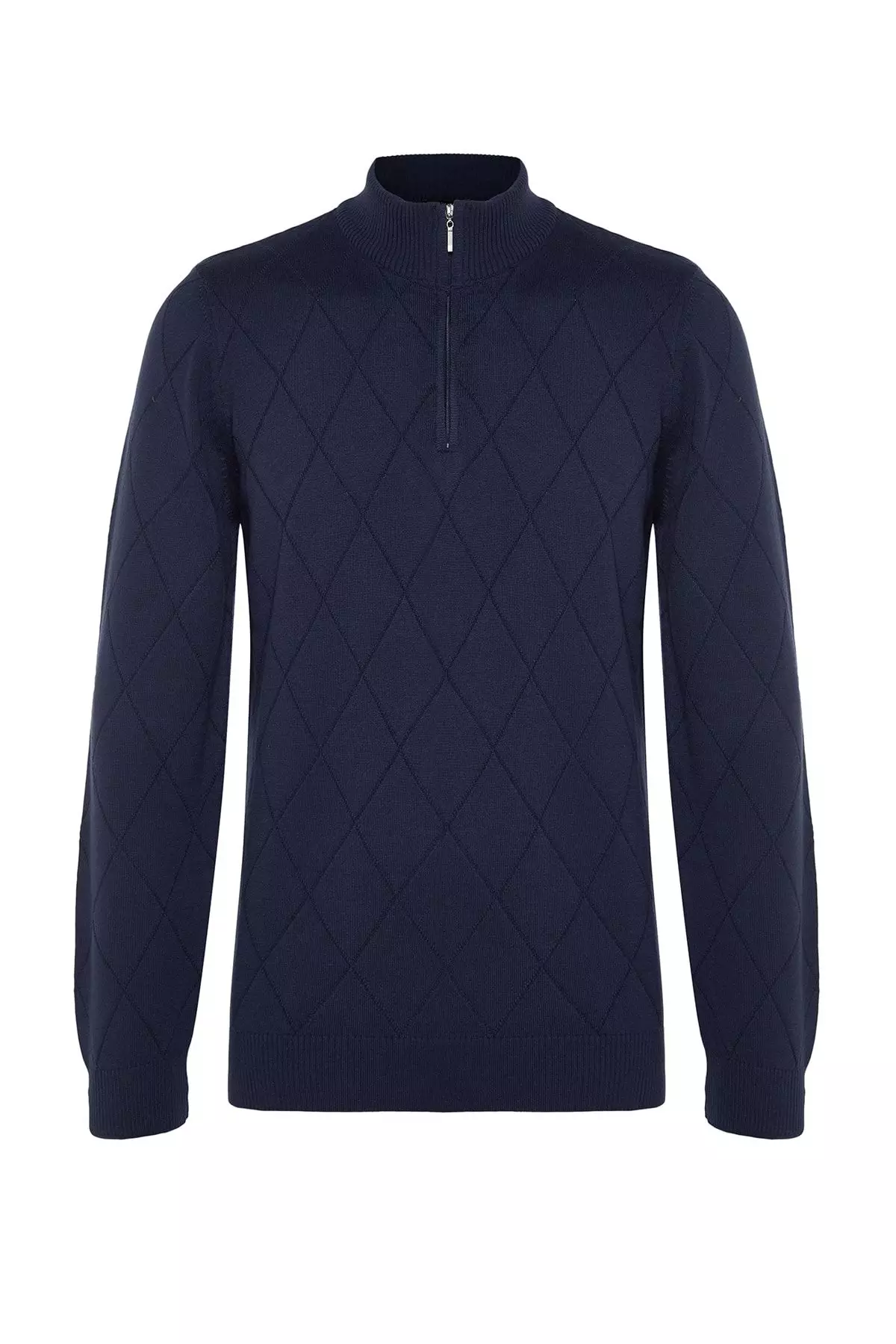 Navy Blue Regular Fit Cotton Half Turtleneck Zippered Collar Smart Knitwear Sweater TMNAW23KZ00215