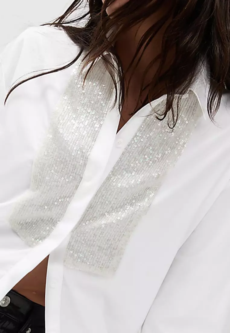 Pure Cotton Sequin Sparkly Collared Shirt