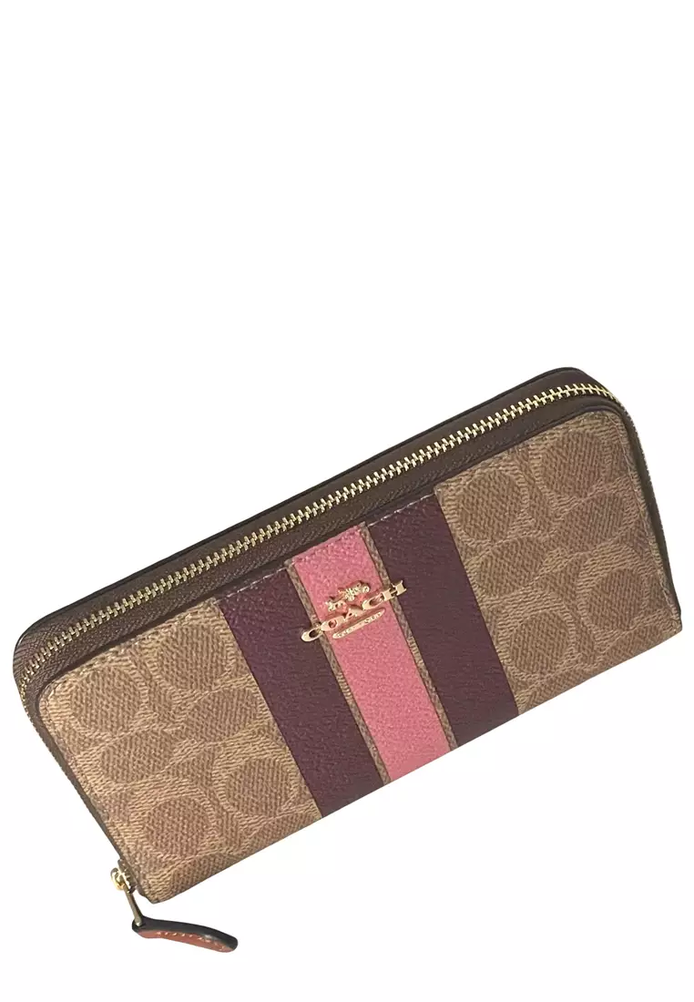 Medium Id Zip Wallet In Signature Canvas With Varsity Stripe - Tan Multi CBO79