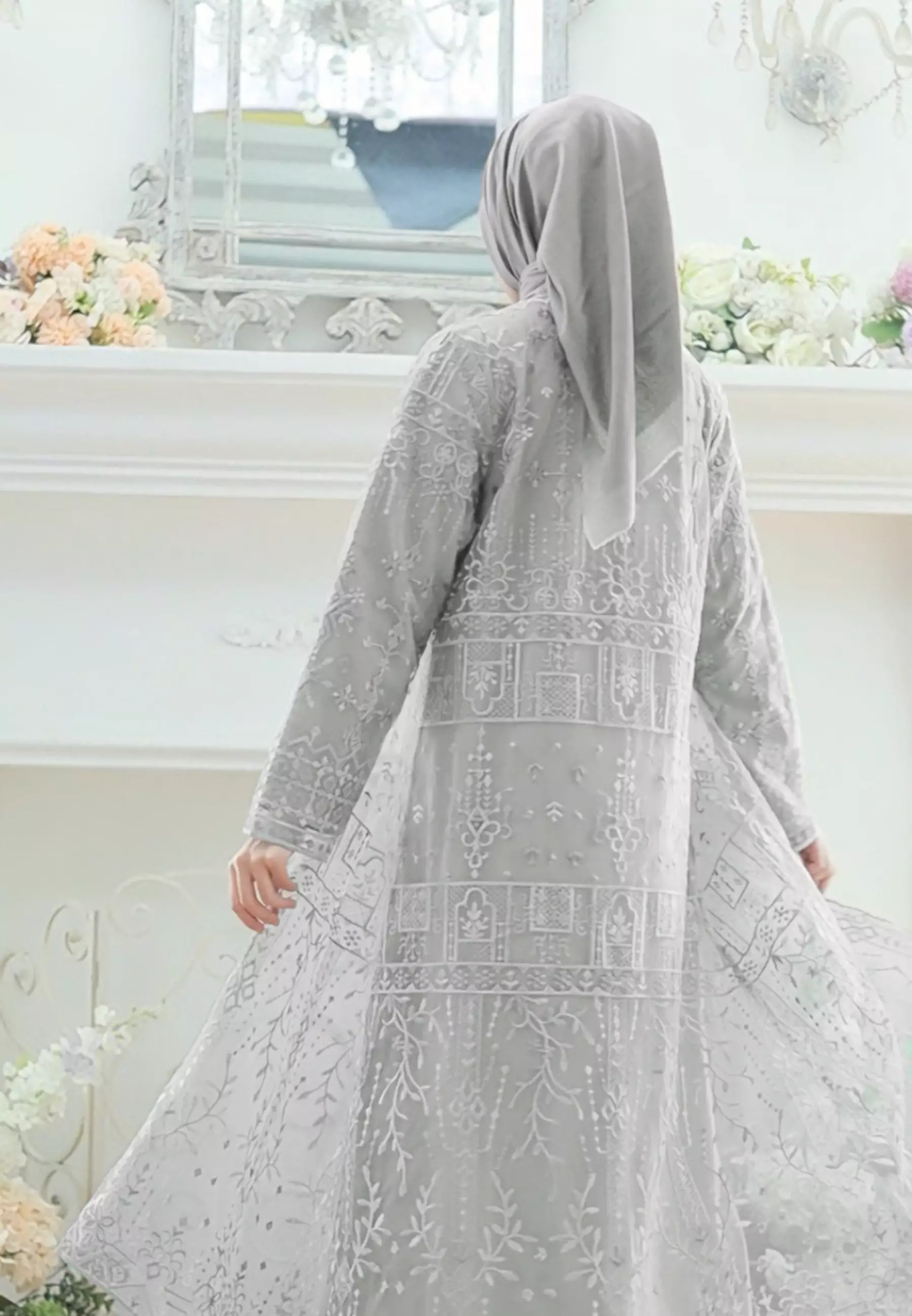 Mosleem Long Dress Broakat With Pearl Detail in Sage Green By Brilliant Girl Warna Sage