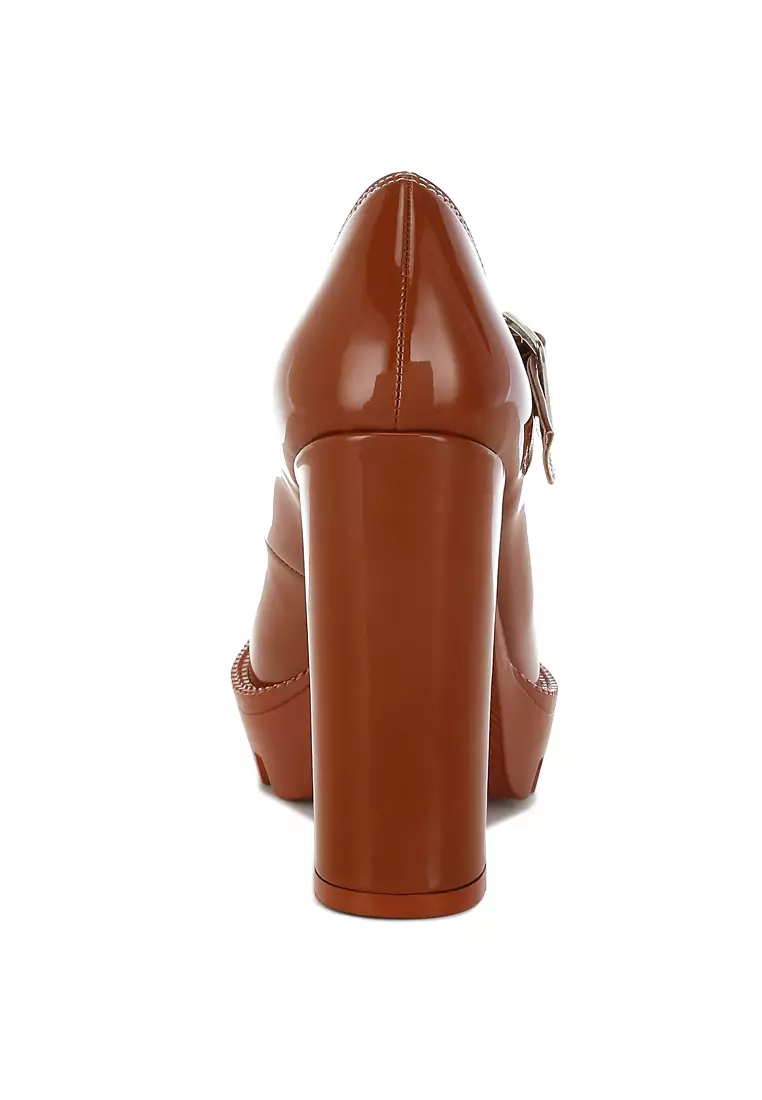 Tan Patent PU Sepatu Hak Tinggi Mary Jane