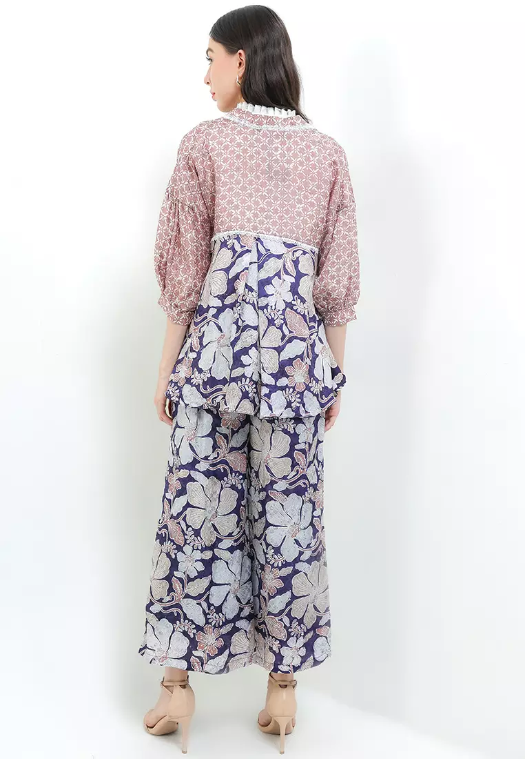 Setelan Batik Cap Atasan Outer Cardigan dan Celana Kulot Wanita Arumi Merona Spesial JFW Collection Rumi Blue Brown [TANPA INNER]