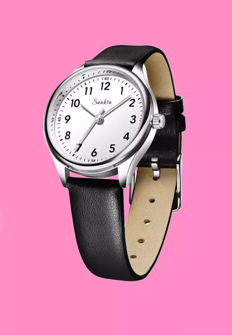 SUNKTA Round Ladies Quartz Watch, Light Weight Metal Alloy, Leather Strap