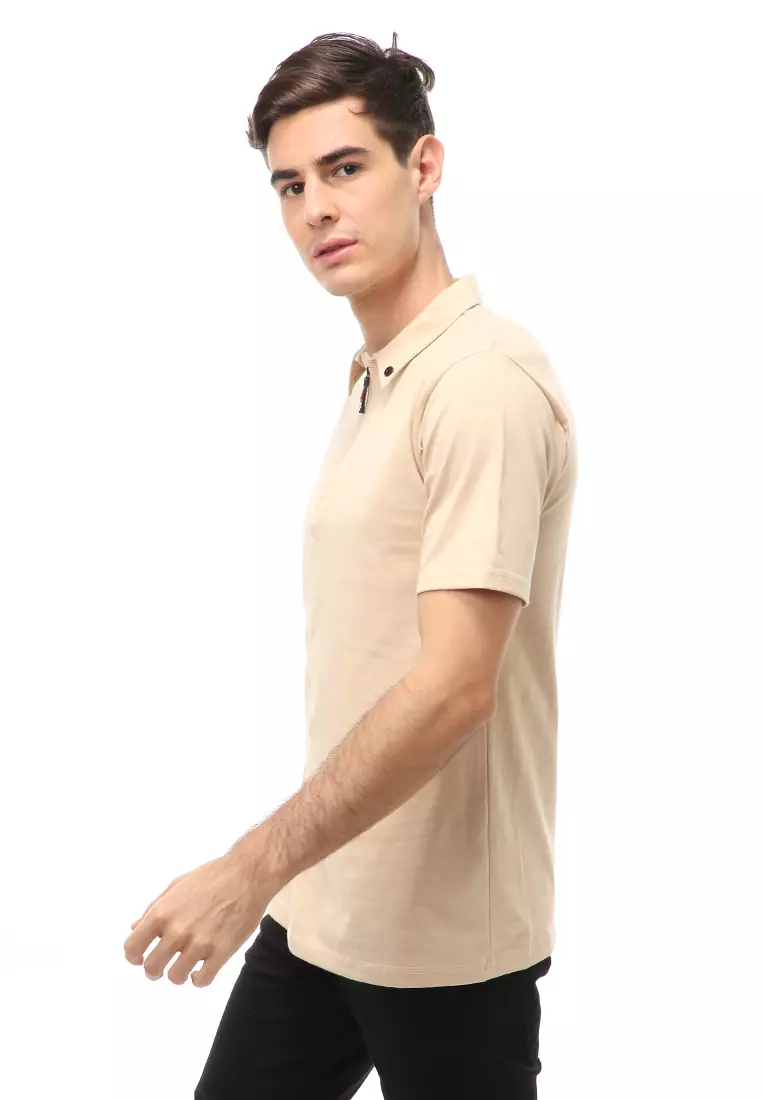 Jack Atasan Casual Pria T-Shirt Kaos Polo Resleting Short Sleeve Material Cotton ORIGINAL - Cream
