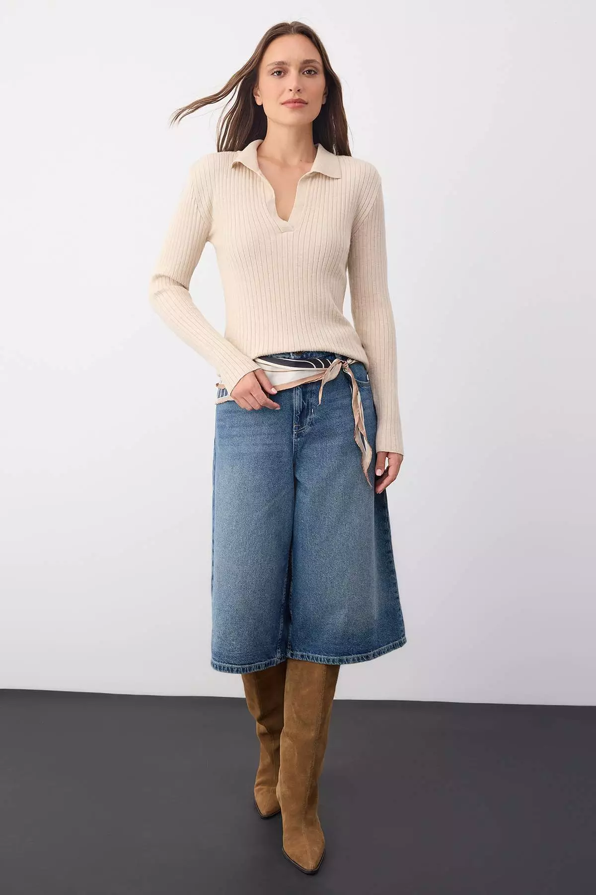 Wardrobe Essentials Stone Premium Yarn Polo Neck Ribbed Knit Sweater | Twoaw26Kz00077