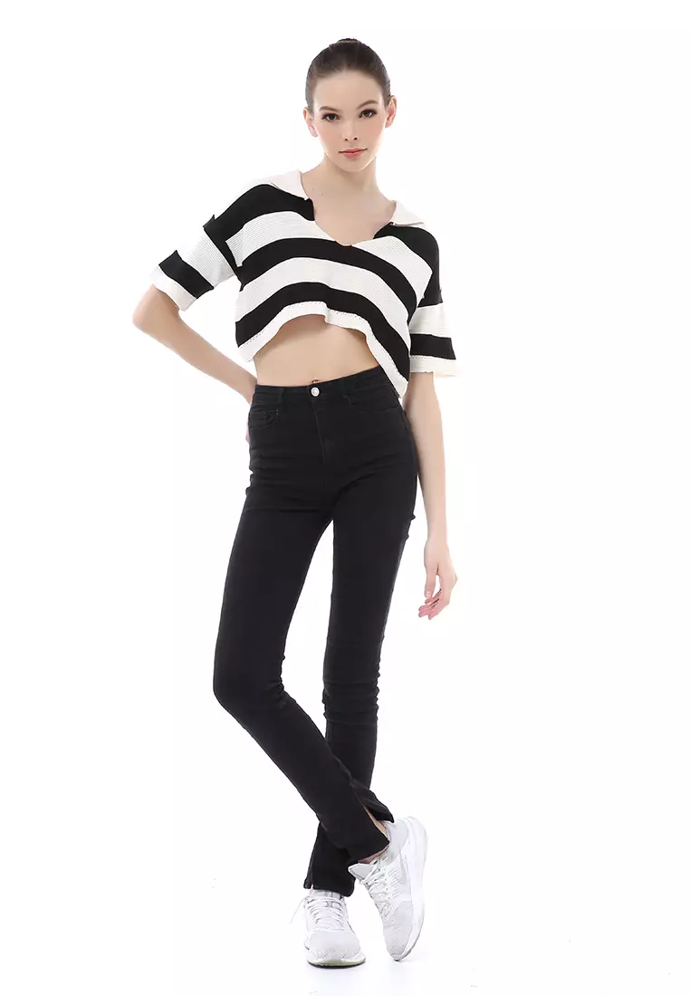 Albertine Atasan Crop Wanita Lengan Pendek Motif Salur Material Rajut ORIGINAL - Black