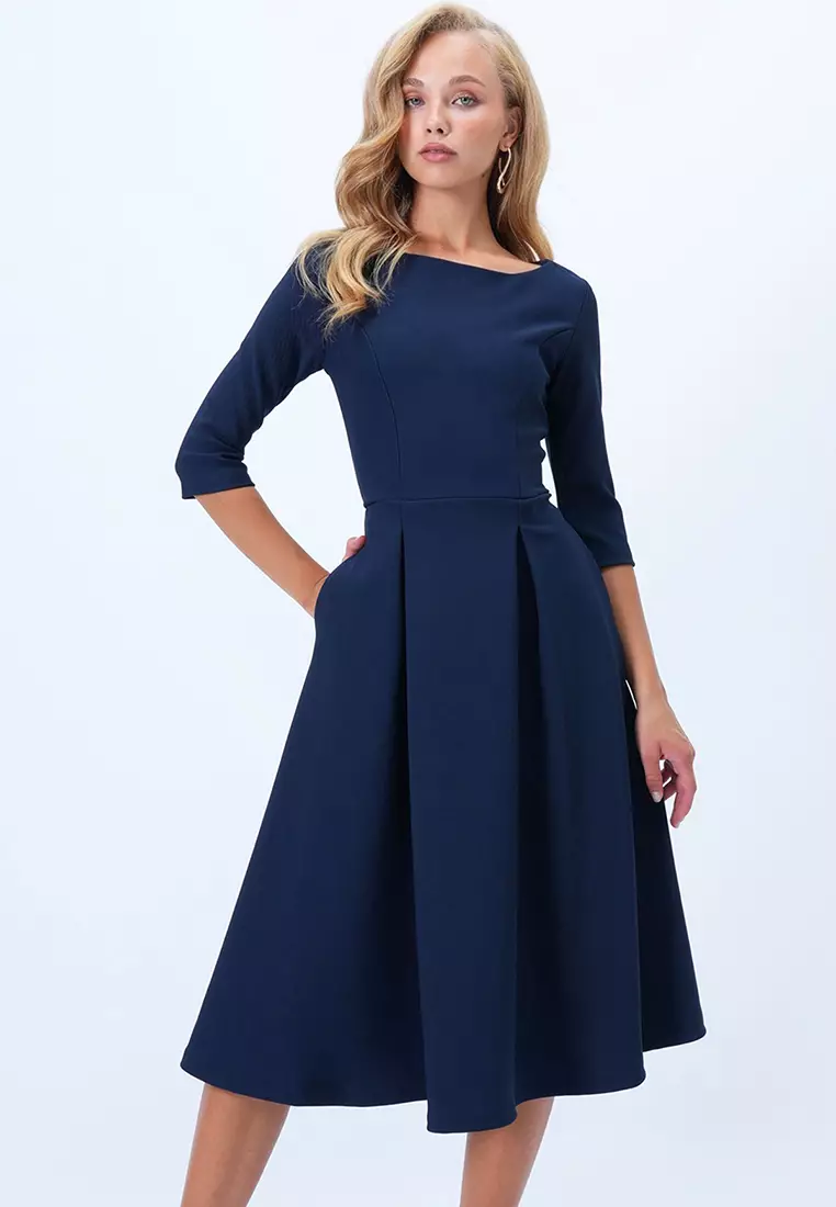 Boat Neck Flared Midi Dress
