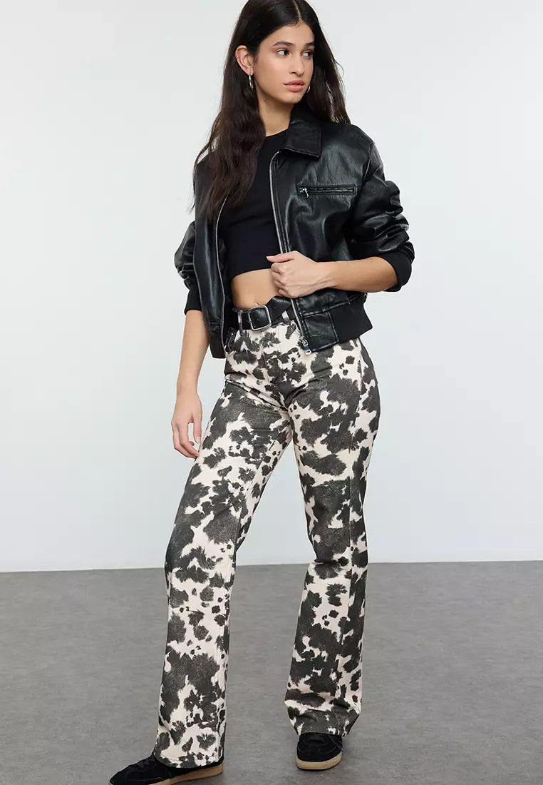 Brown Cow Print Low Waist Wide Leg Jeans