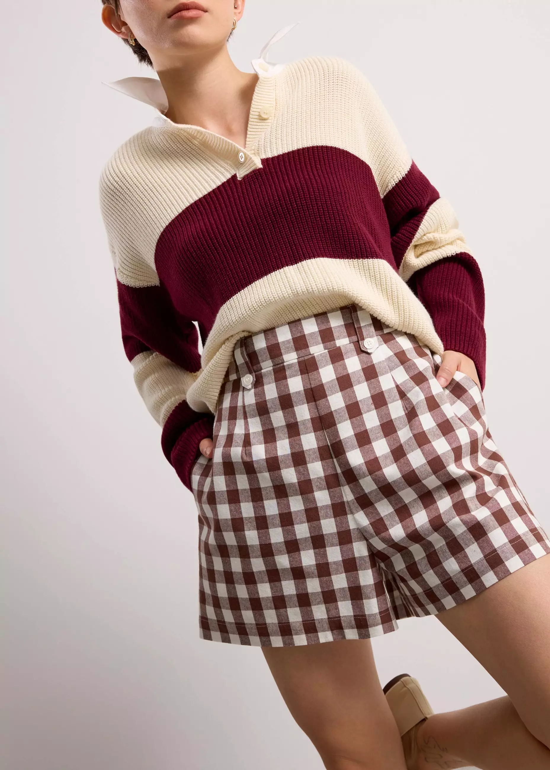 Celana Pendek Wanita - Gingham Cotton High Waist A-line Shorts
