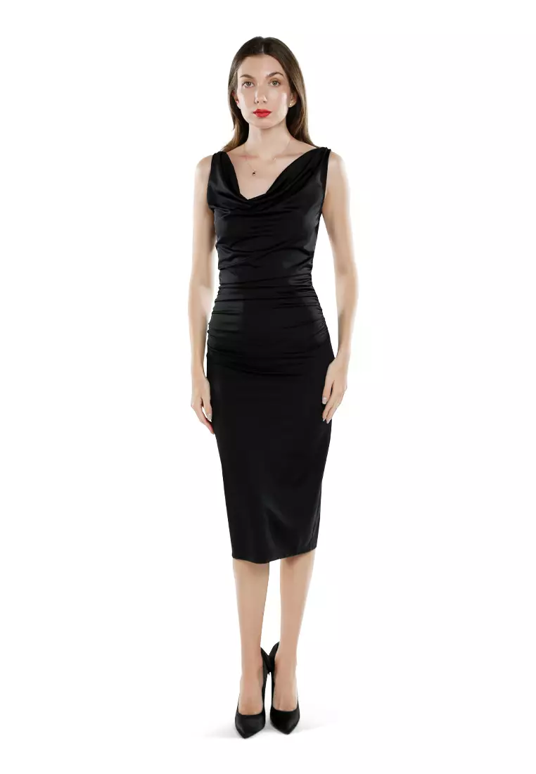 Black Sleeveless Draped Knee Length Dress