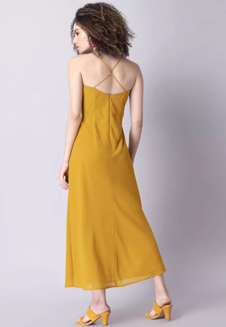 Yellow Noodle Strap Ruched Maxi Dress
