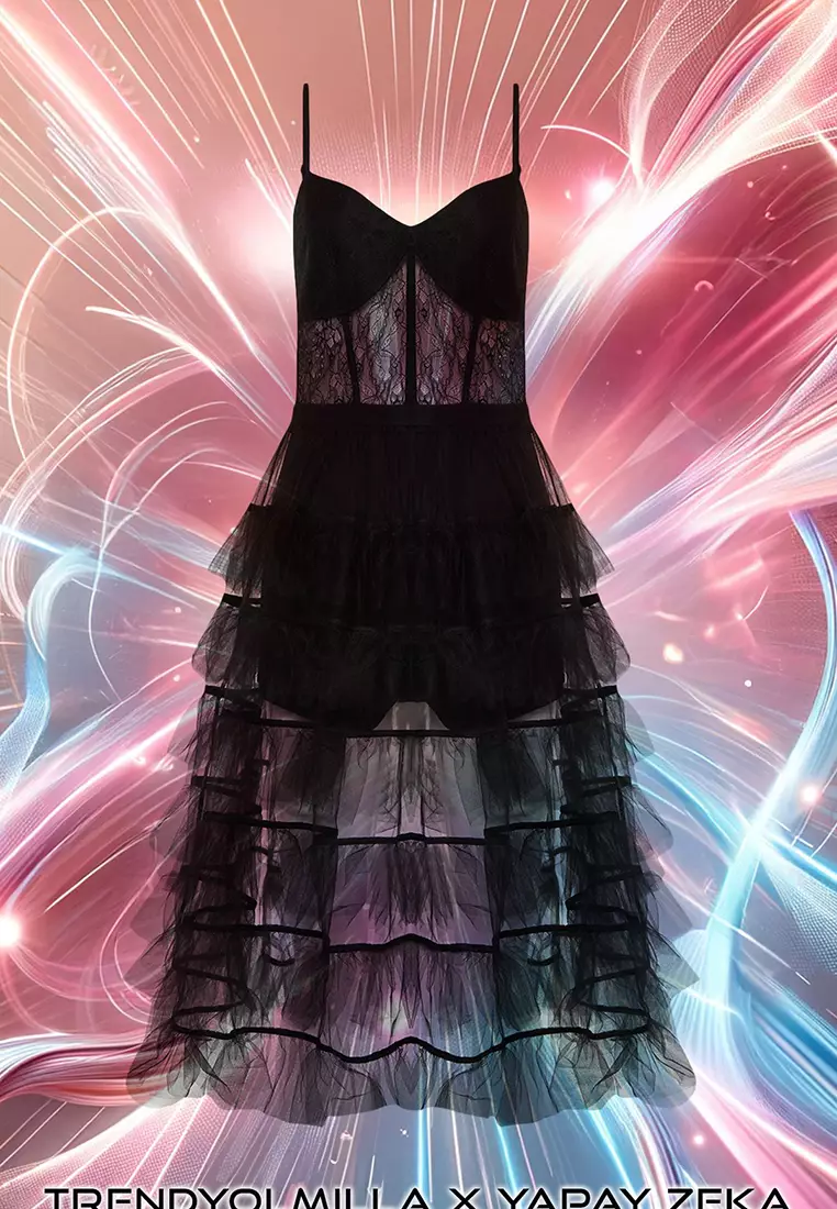 X Artificial Intelligence Black A-Line Woven Tulle Elegant Evening Prom Dress TPRSS24EL00239