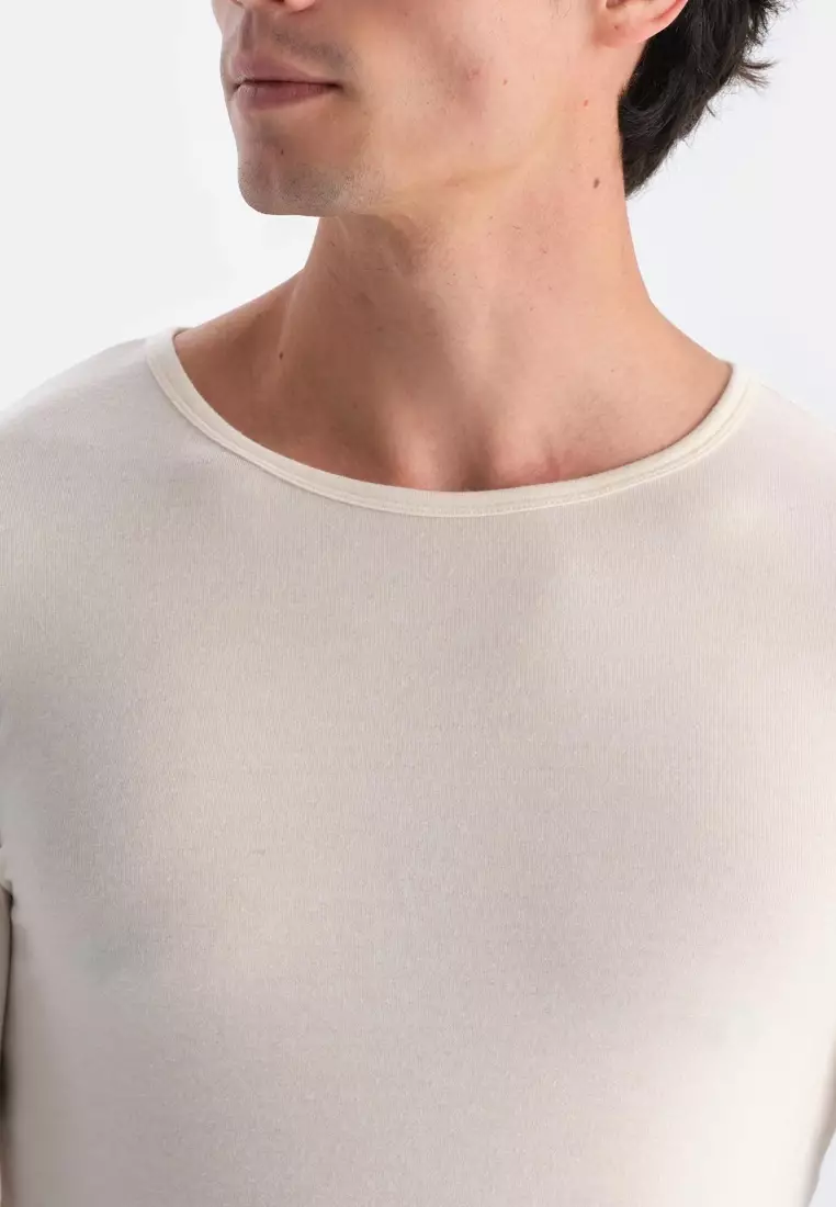 Ecru Basic Undershirt, Crew Neck, Regular Fit, Long Sleeve Underwear for Men