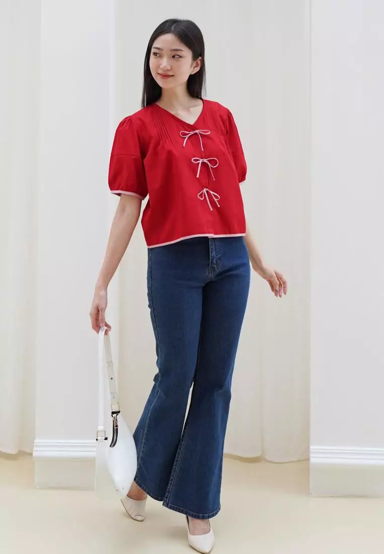 Ovayna Ribbon Short Sleeve Blouse in Red