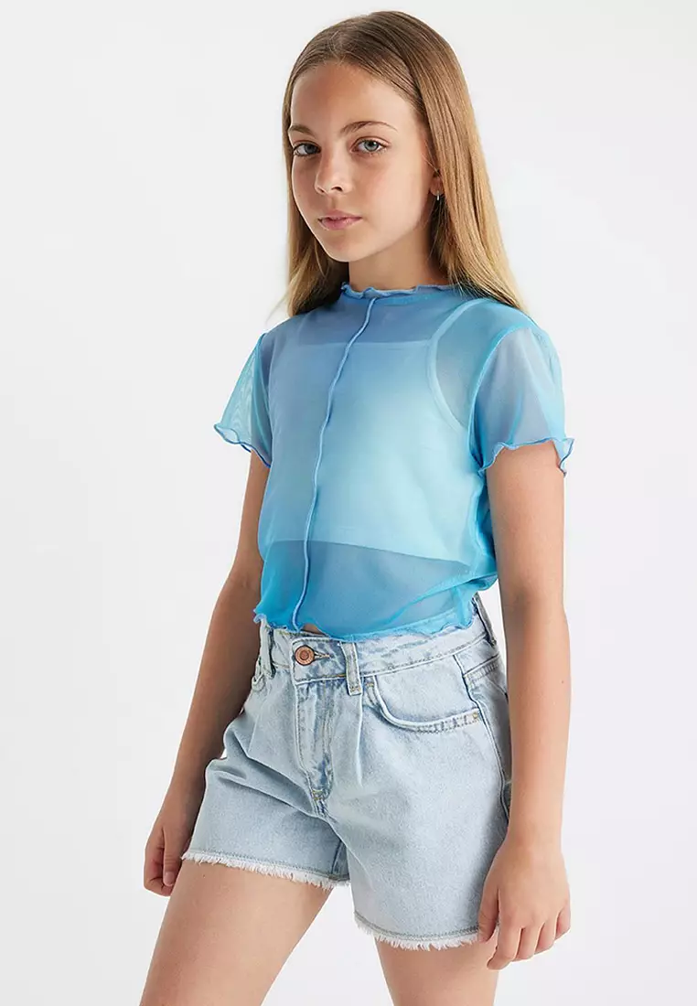 Crop Crew Neck Gradient Printed Tulle Short Sleeve T-Shirt Undershirt 2-Piece Set