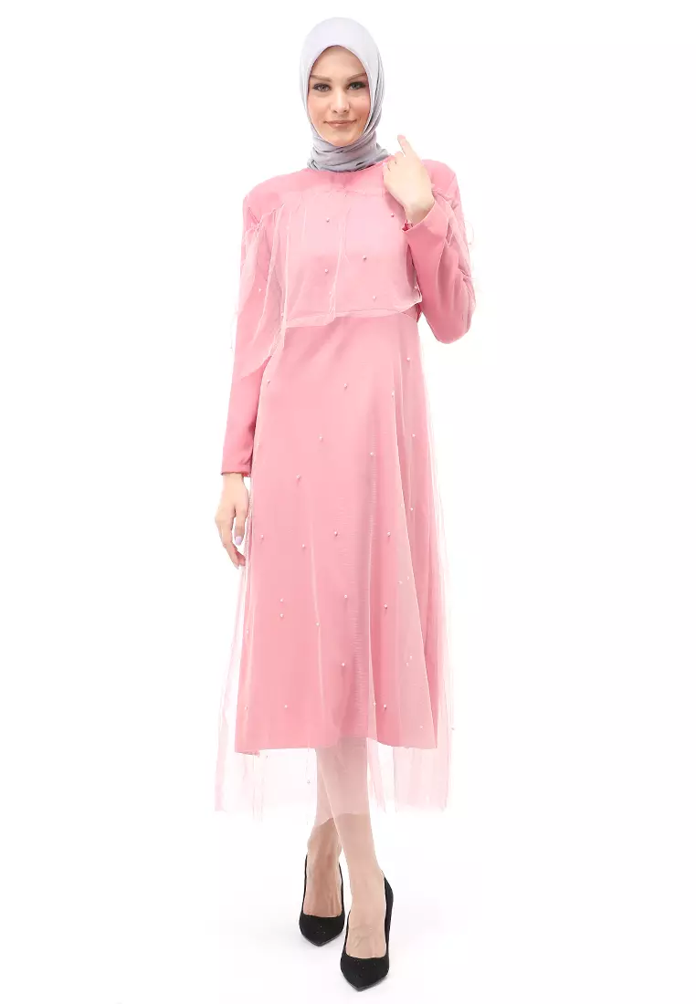 Riany Gamis Brukat Muslimah Wanita Motif Hiasan Long Dress Regular Fit - Dusty
