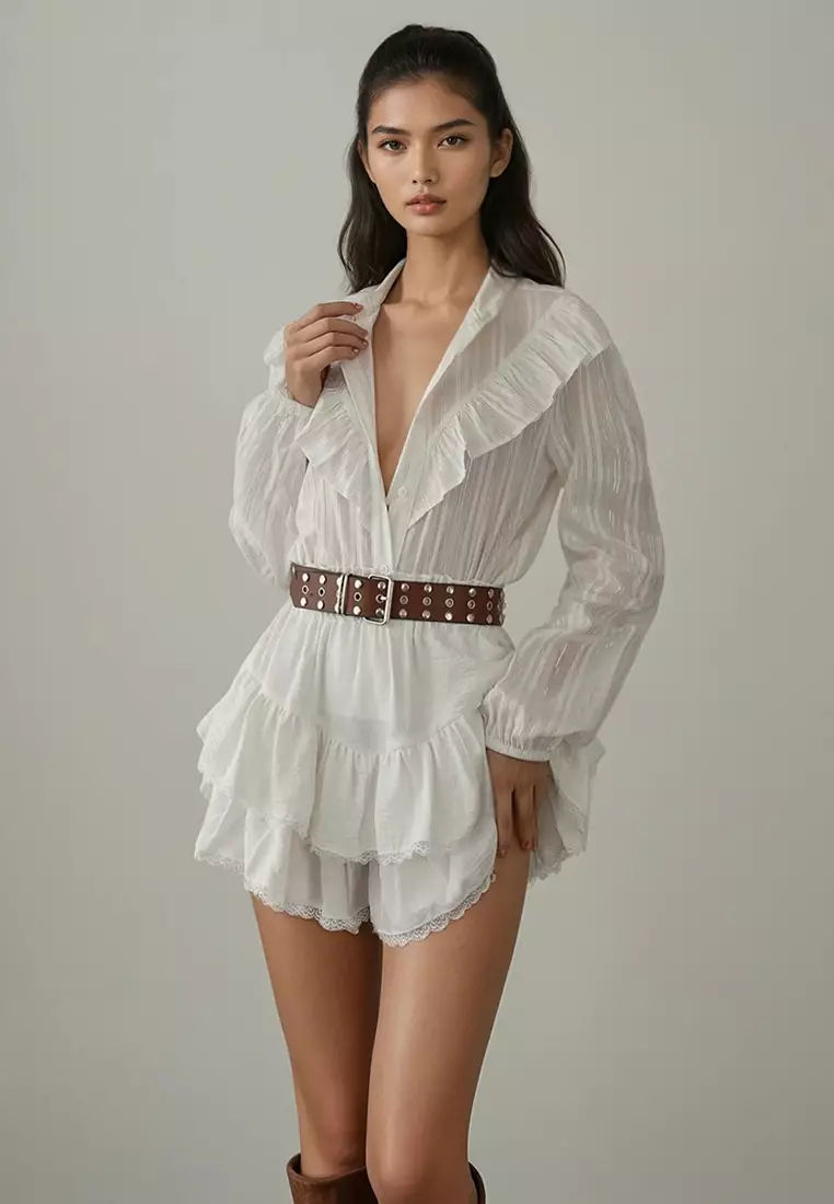 White Ruffle Detailed Transparent Short Cut/Crop Shirt TWOSS25GO00165