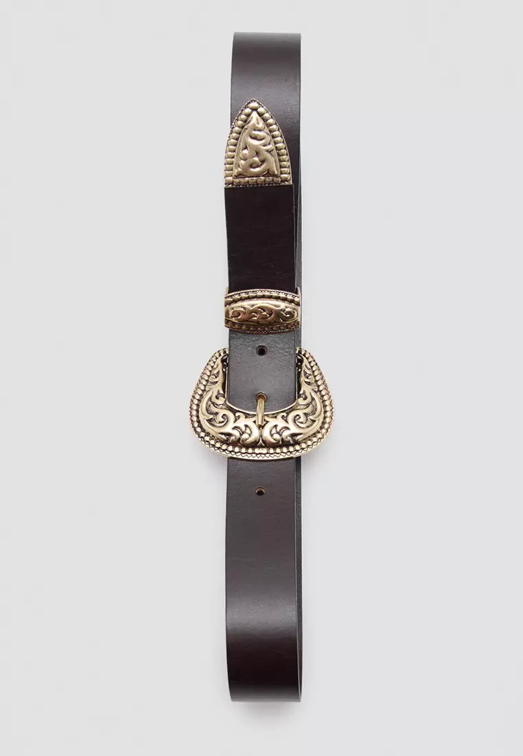 Engraved Buckle Leather Belt