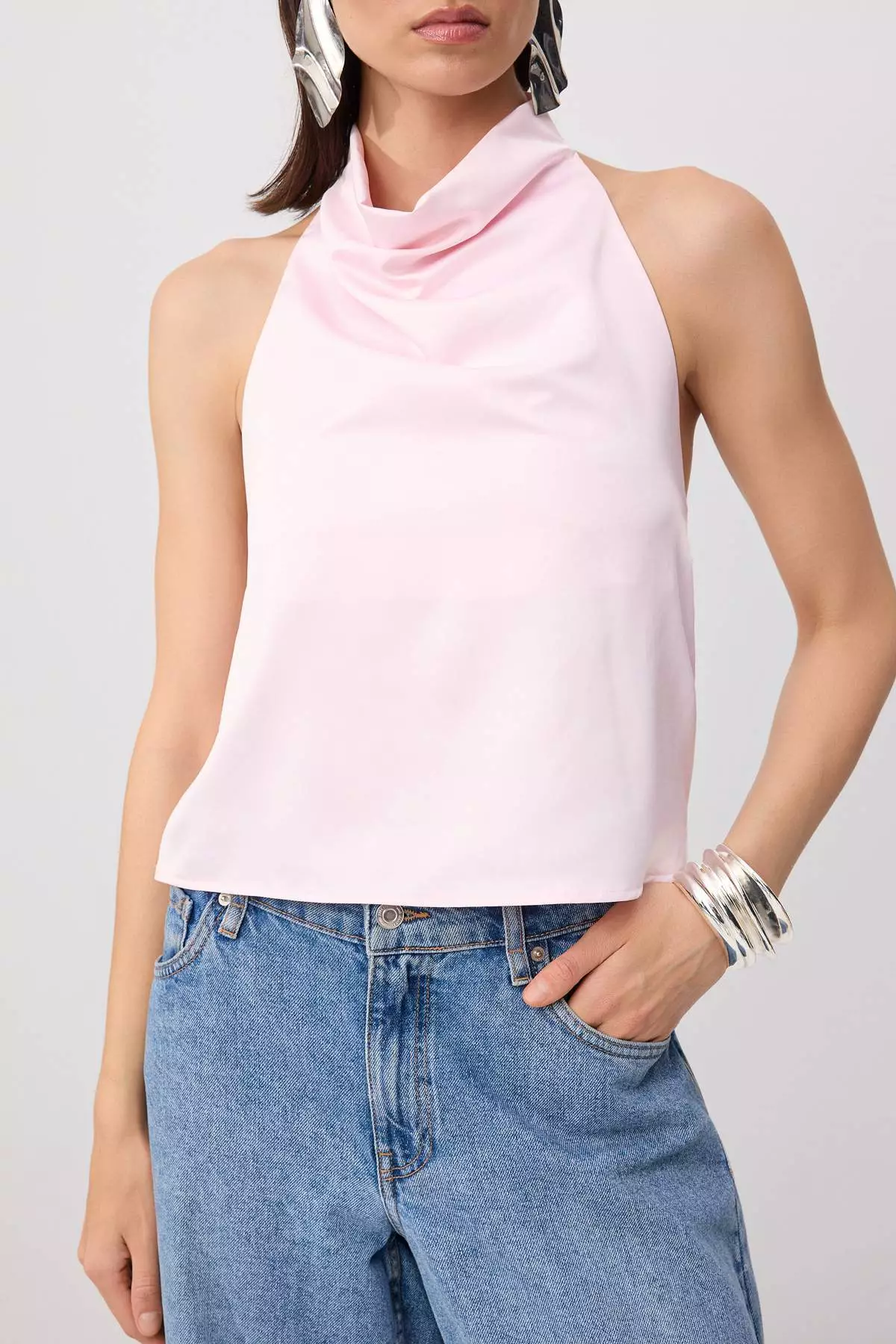 Light Pink Plain Halter Neck Sleeveless Satin Satin Party Blouse Tpraw26Bz00003