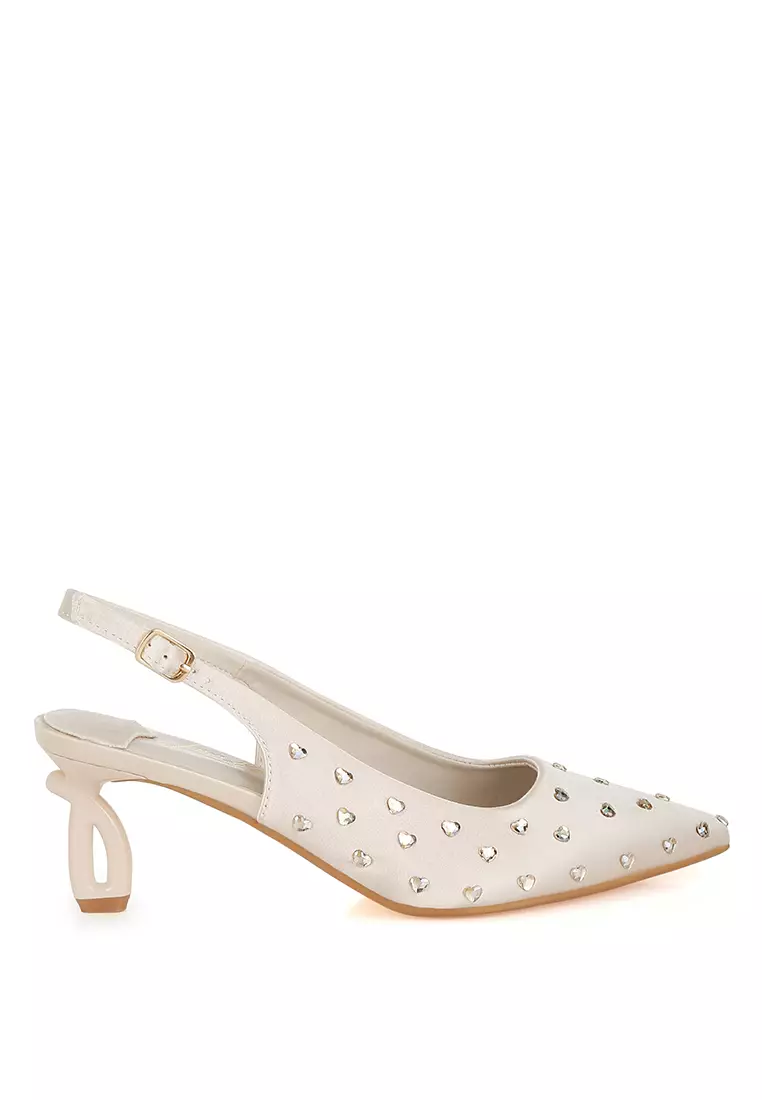 Discount on London Rag  shoes - SKU: Heart-Shaped Rhinestone Studded Slingbacks in Beige