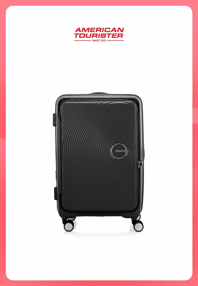 American Tourister Koper Hardcase Curio V2 Large Black + PWP Luggage Cover Book Opening L Blue