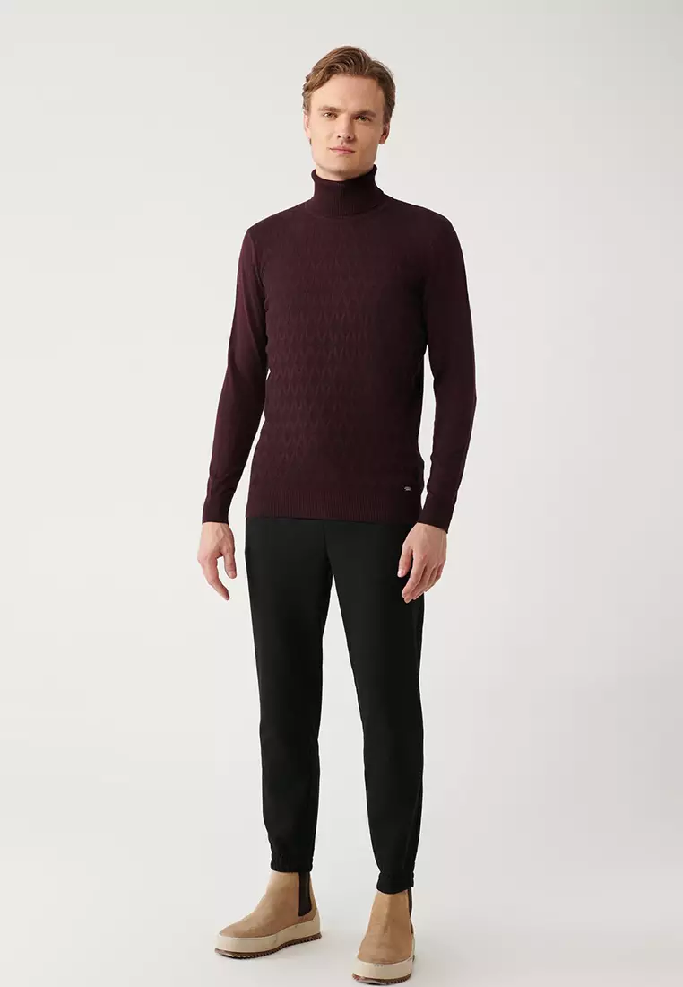 Men's Burgundy Turtleneck Cotton Patterned Knitwear Sweater A32Y5198