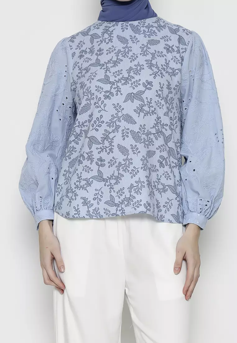 Urban Exchange Verano Blue Blouse - Atasan Blouse Printed Lengan Panjang