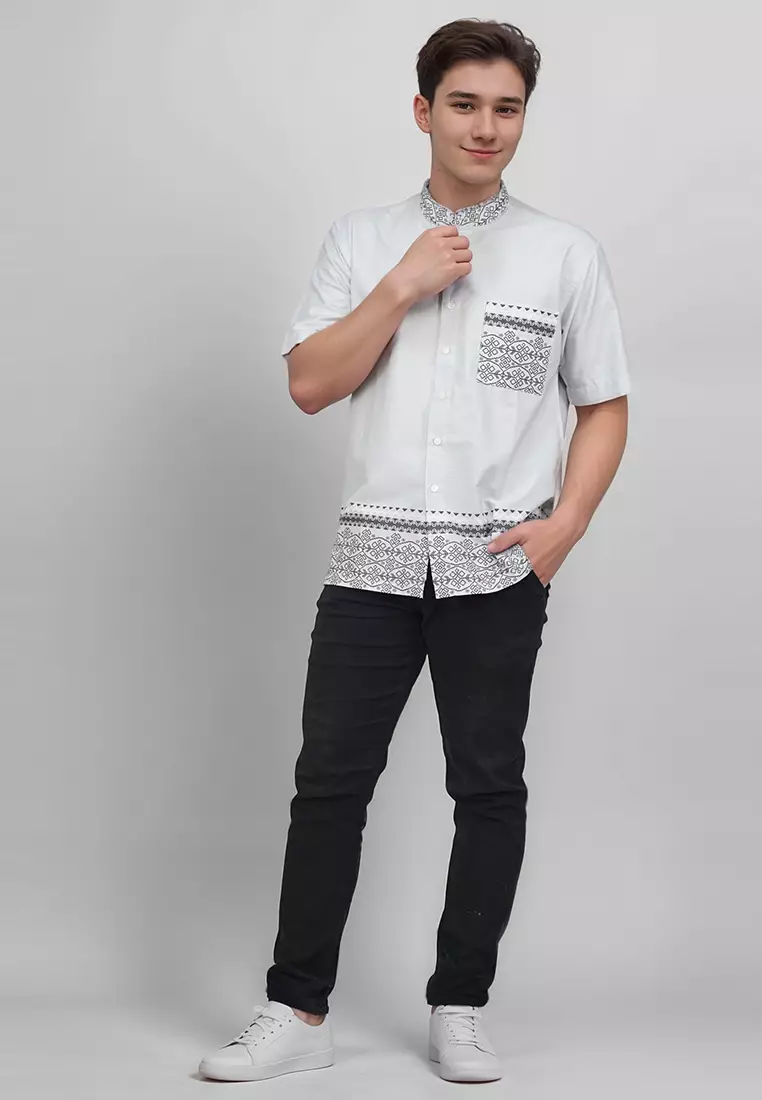 Crocodile KOKO 1080 Grey - Katun Lengan Pendek Corak Tradisional Kemeja - Relax Fit