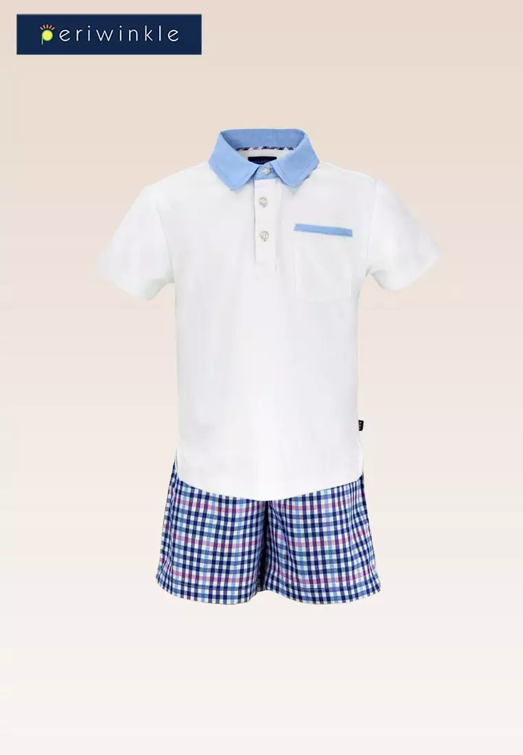 Caleb Boys Polo Shirt With Chambray Mix Fabric And Blue Checks Shorts