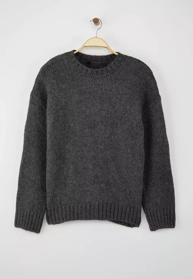 Wardrobe Essentials Anthracite Soft Textured Loose Fit Basic Knit Sweater | Twoaw26Kz00073