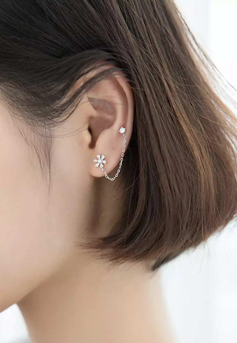 925 Silver Zircon Chain Floral Earrings JW AR-G5546