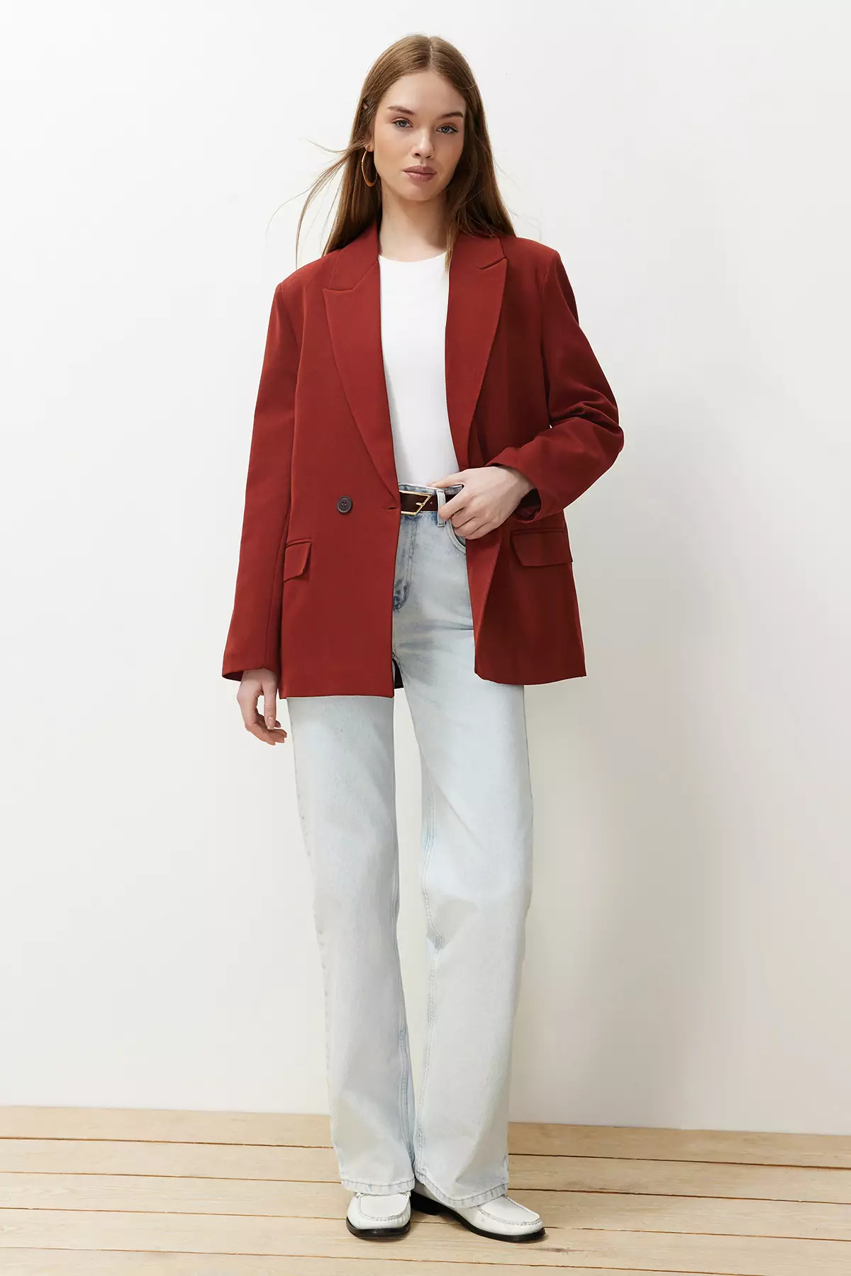 Burgundy Tile Oversize Straight Cut Basic Double-Breasted Woven Blazer Jacket Twoss24Bc28