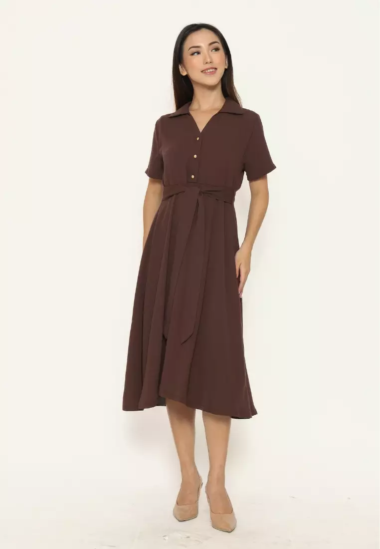 Urban Exchange Shanika Dress Brown - Midi Dress Blue Dress Coklat